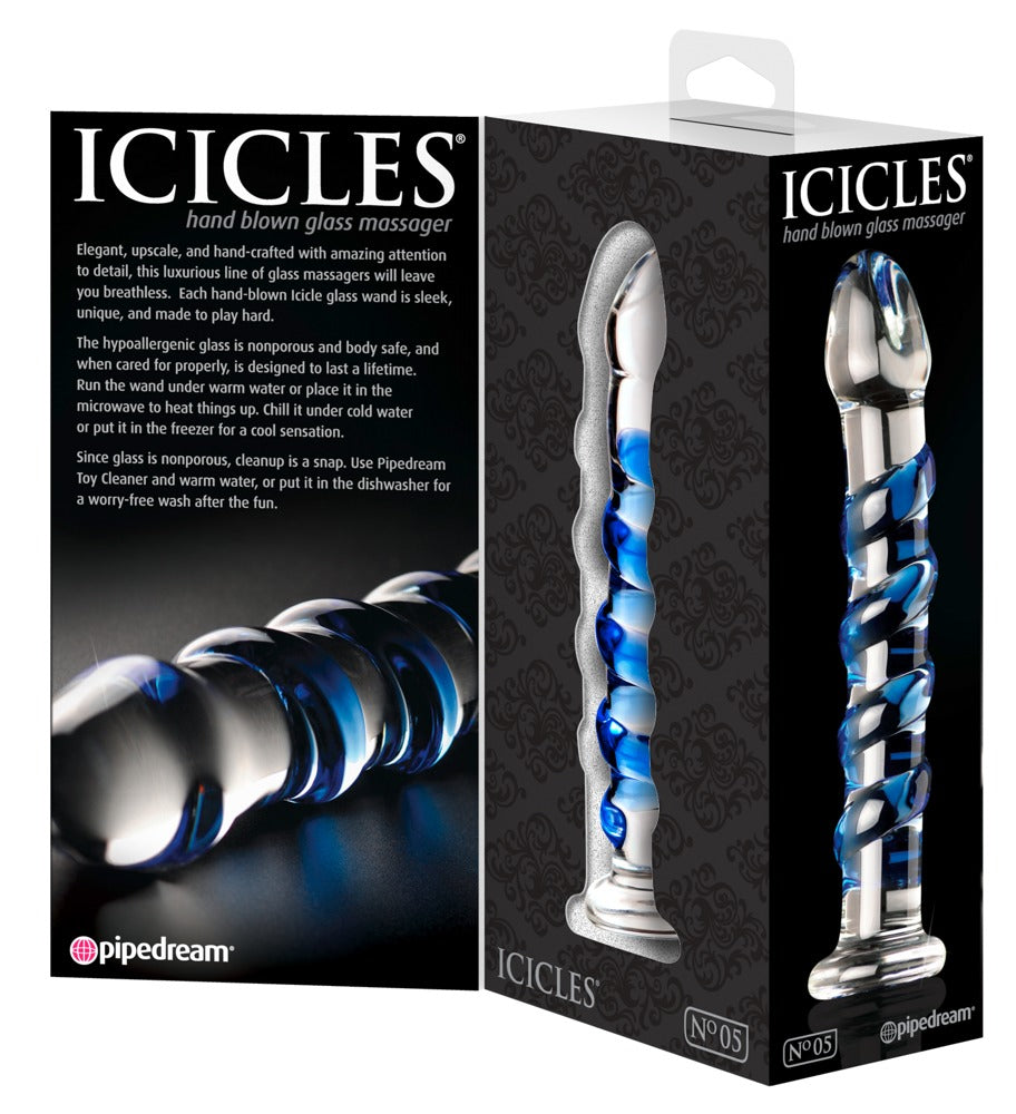 Icicles No. 5 - Consolador de Vidrio Transparente con Espiral Azul