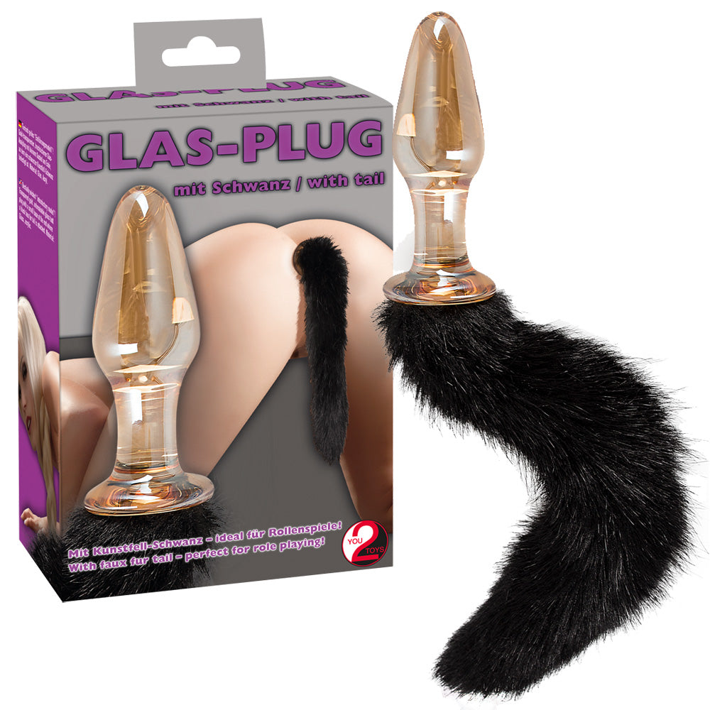 Glass Plug with Tail You2Toys - Plug Anal de Cristal Transparente Dorado con Cola de Piel