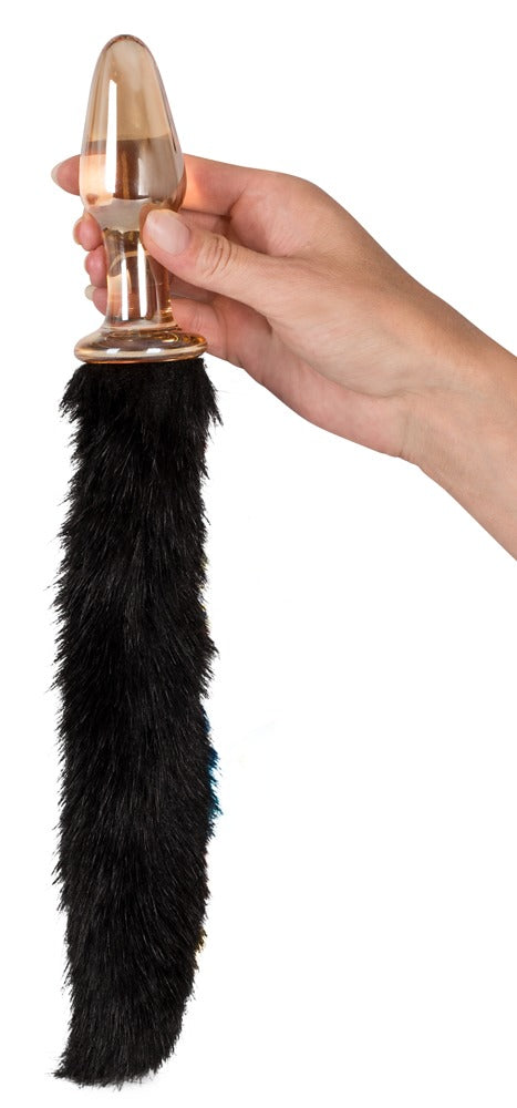 Glass Plug with Tail You2Toys - Plug Anal de Cristal Transparente Dorado con Cola de Piel