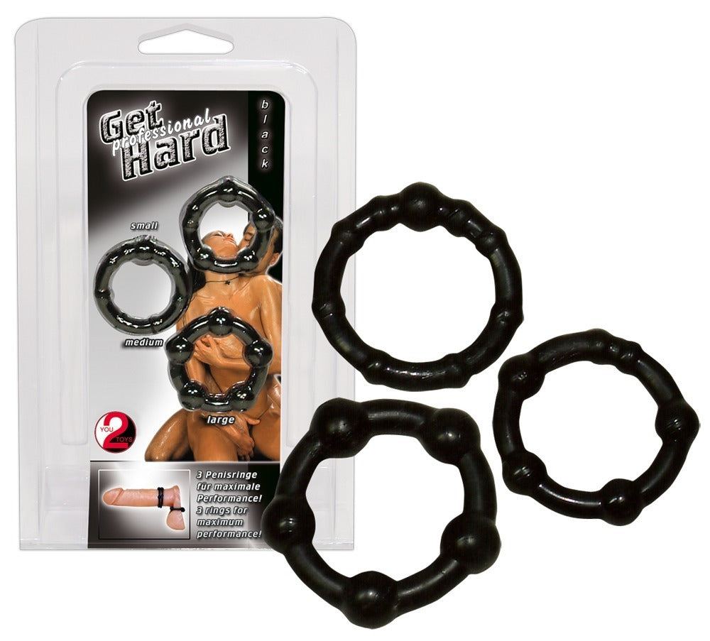 You2Toys Get Hard - Set de 3 Anillos Pene Negro con Vibración