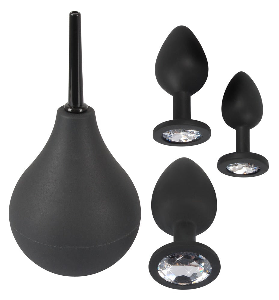 Black Velvets Anal Kit - Set 4 Piezas con Ducha y Plugs Decorados