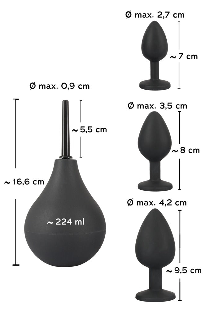 Black Velvets Anal Kit - Set 4 Piezas con Ducha y Plugs Decorados