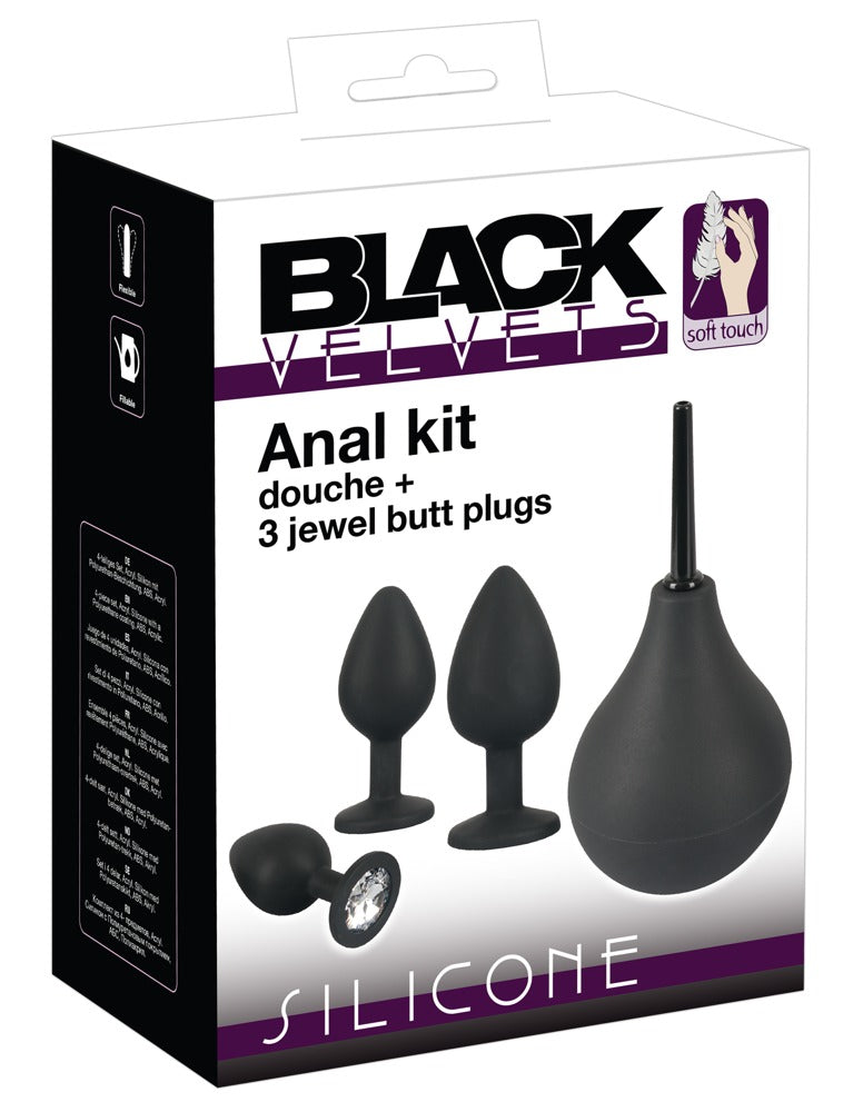 Black Velvets Anal Kit - Set 4 Piezas con Ducha y Plugs Decorados