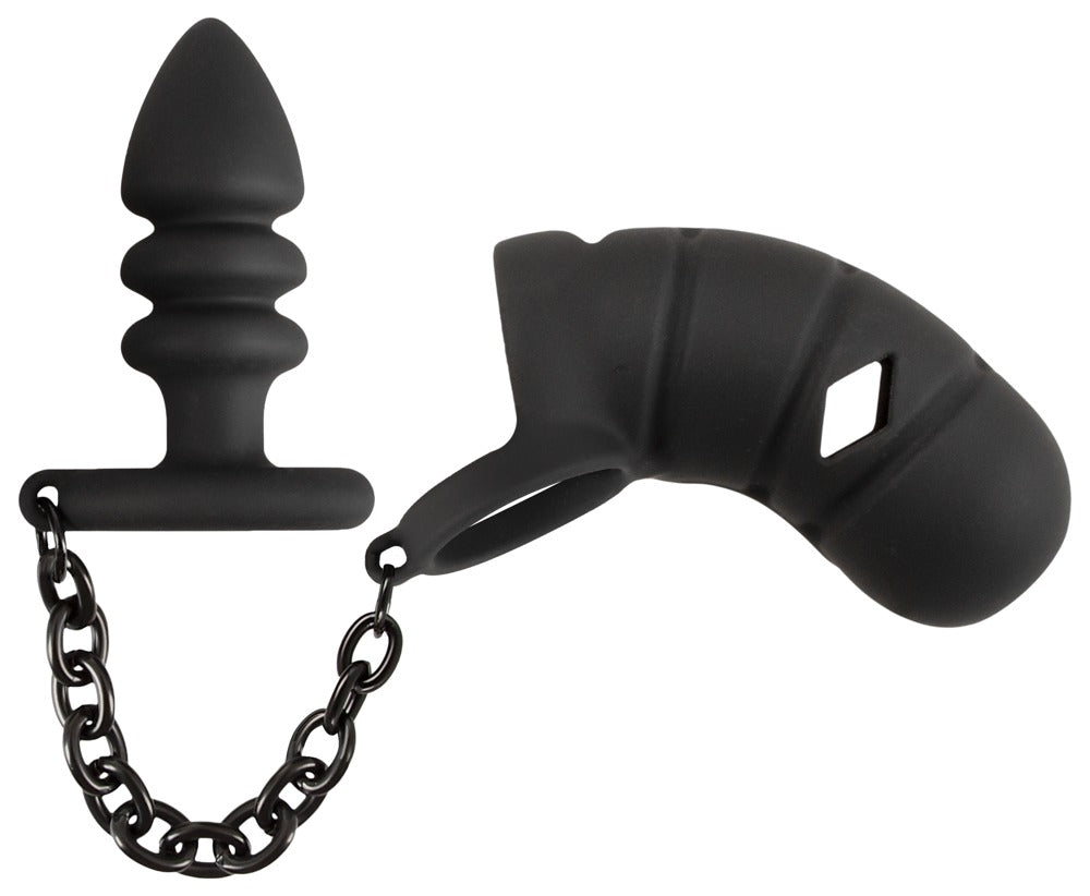 Black Velvets Cock Cage con Butt Plug - Jaula de Pene y Anillo Testicular