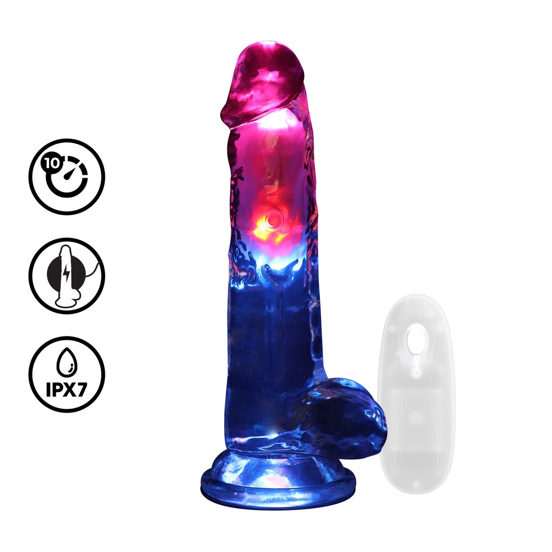 VIBRADOR CON LED Y MANDO A DISTANCIA LED VIBRATING STRAIGHT COCK WITH BALLS 8 /20 CM REALROCK