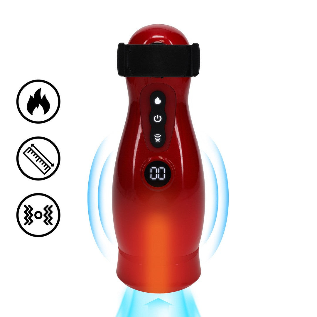 MASTURBADOR VIBRATORIO CON SUCCIÓN Y SOPORTE PARA TELÉFONO VIRTUO METALLIC RED PUMPED