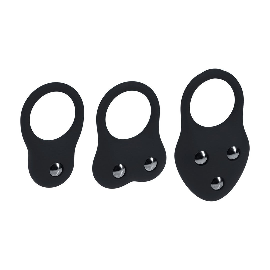 CONJUNTO DE 3 ANILLOS DE SILICONA PARA EL PENE CON PESOS S/M/L NEGRO LEVELZ
