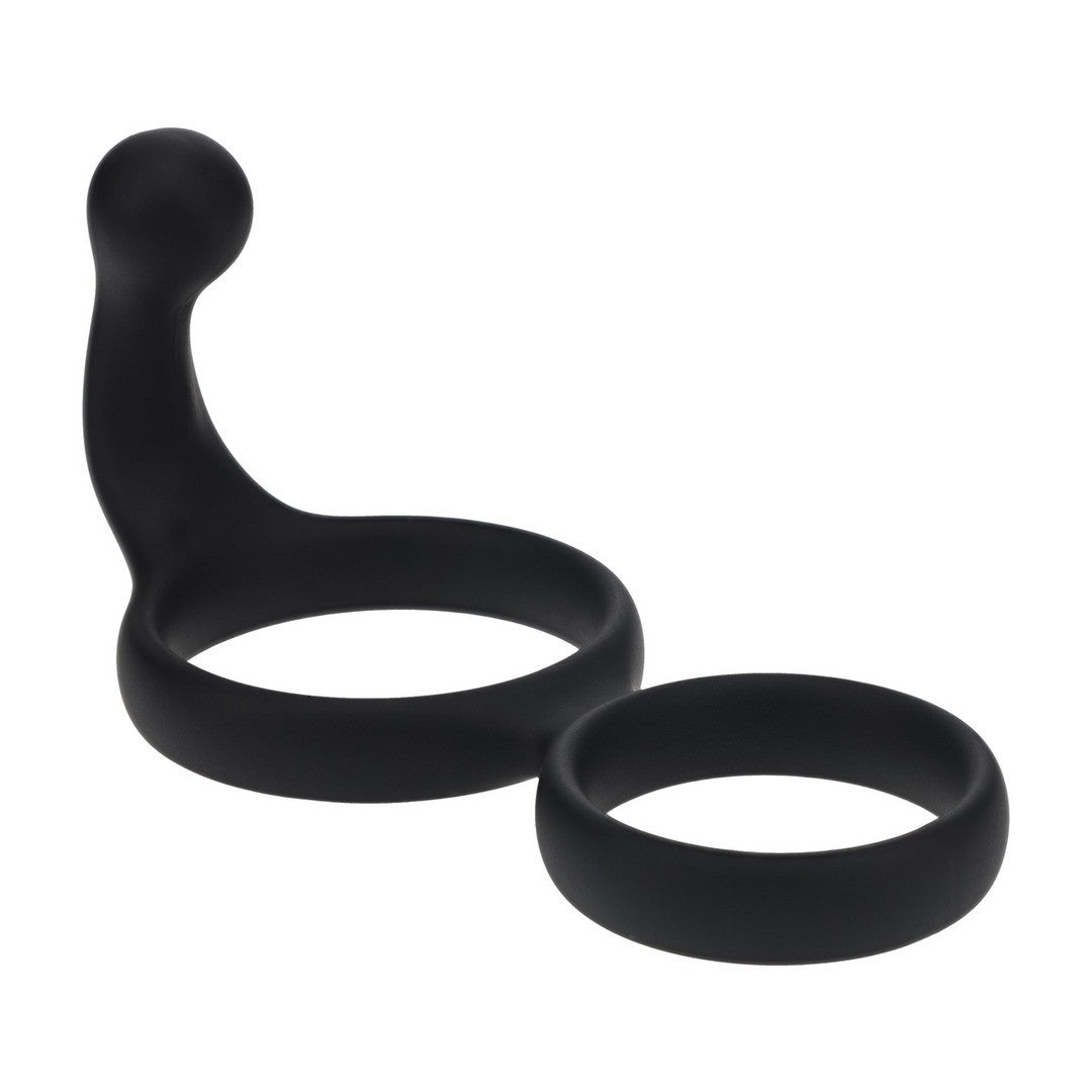 ANEL DOBLE DE SILICONA CON ESTIMULADOR PERINEAL NEGRO