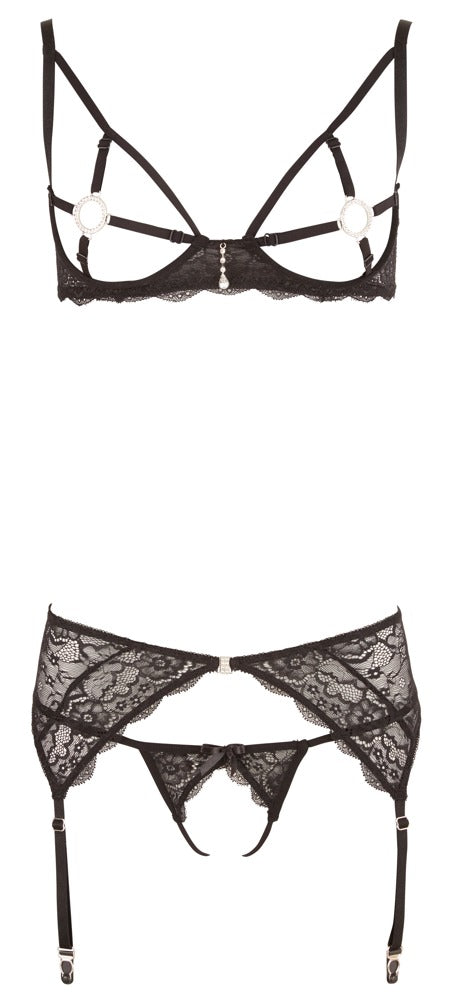 Suspender Set with Gems L - Conjunto Liguero Encaje Negro Estrás