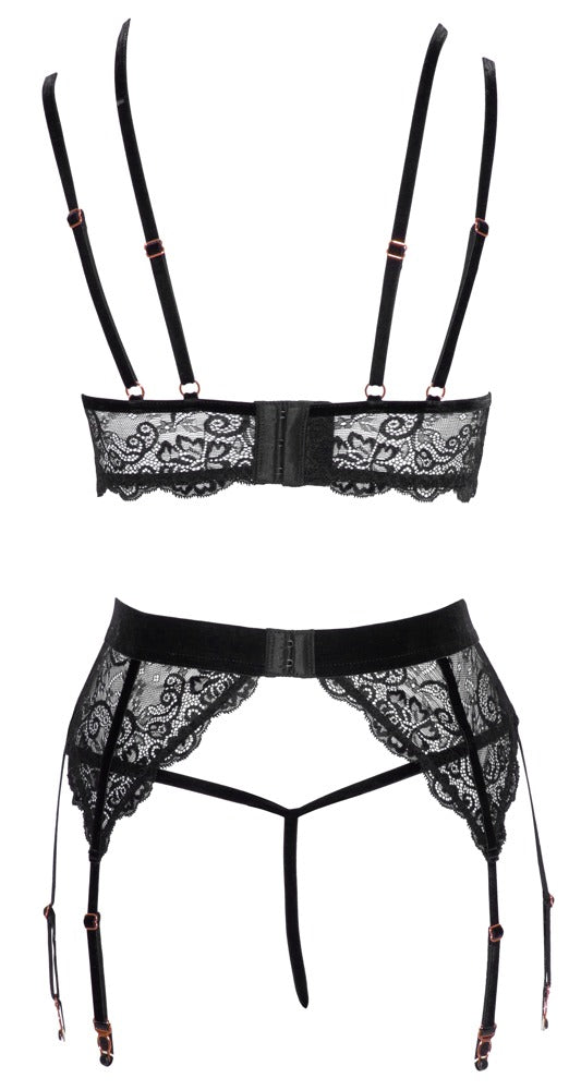 Bra Set XL Abierta Fina - Encaje Negro con Detalles Oro Rosa