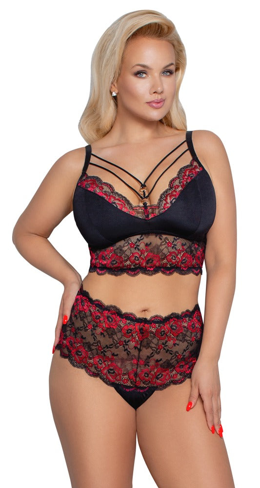 Bra and Briefs Cottelli Curves Negro y Rojo XL - Set de Encaje Floral