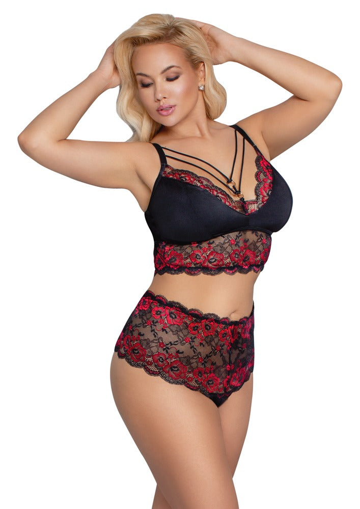 Conjunto Sujetador y Braguita Cottelli Curves Negro/Rojo 3XL - Encaje Floral