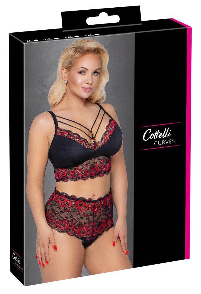 Bra and Briefs Cottelli Curves Negro y Rojo XL - Set de Encaje Floral
