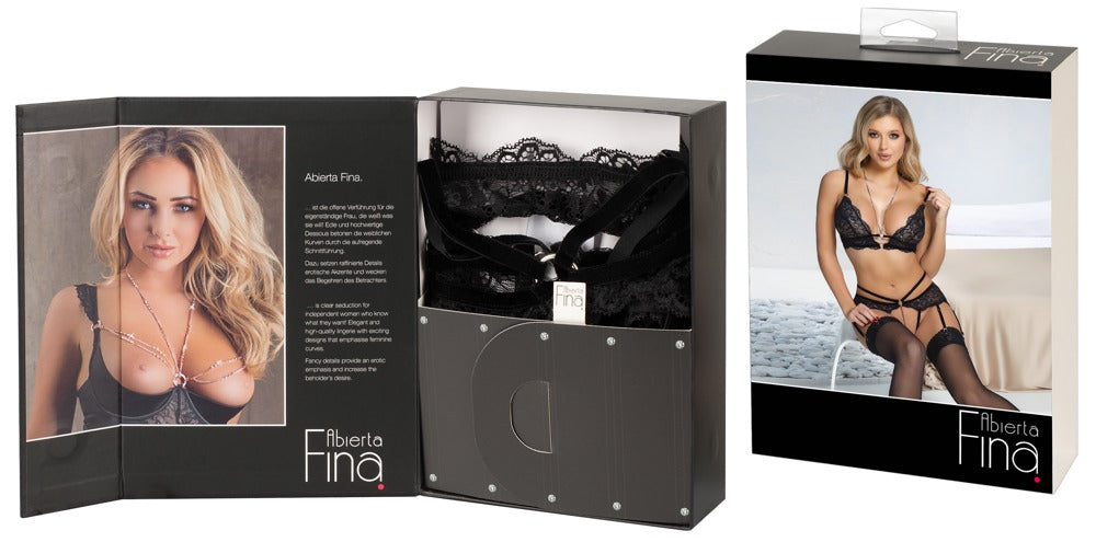 Conjunto Lencería Abierta Fina Talla L - Bralette y Tanga Suspender Encaje Negro