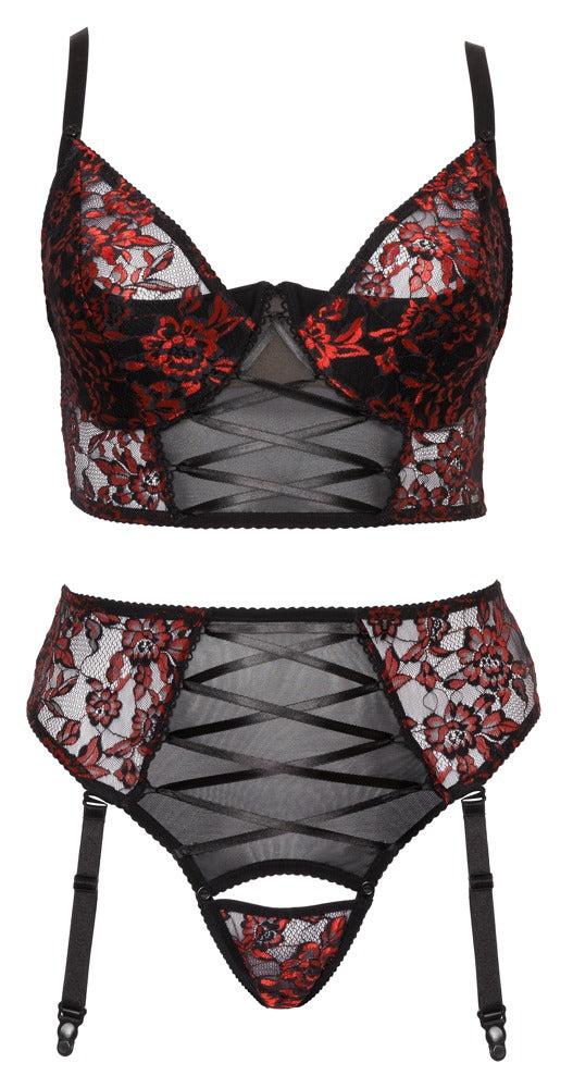 Conjunto Lencería Cottelli Curves Negro/Rojo 90C/XL - Sujetador Longline y Tanga Ligas