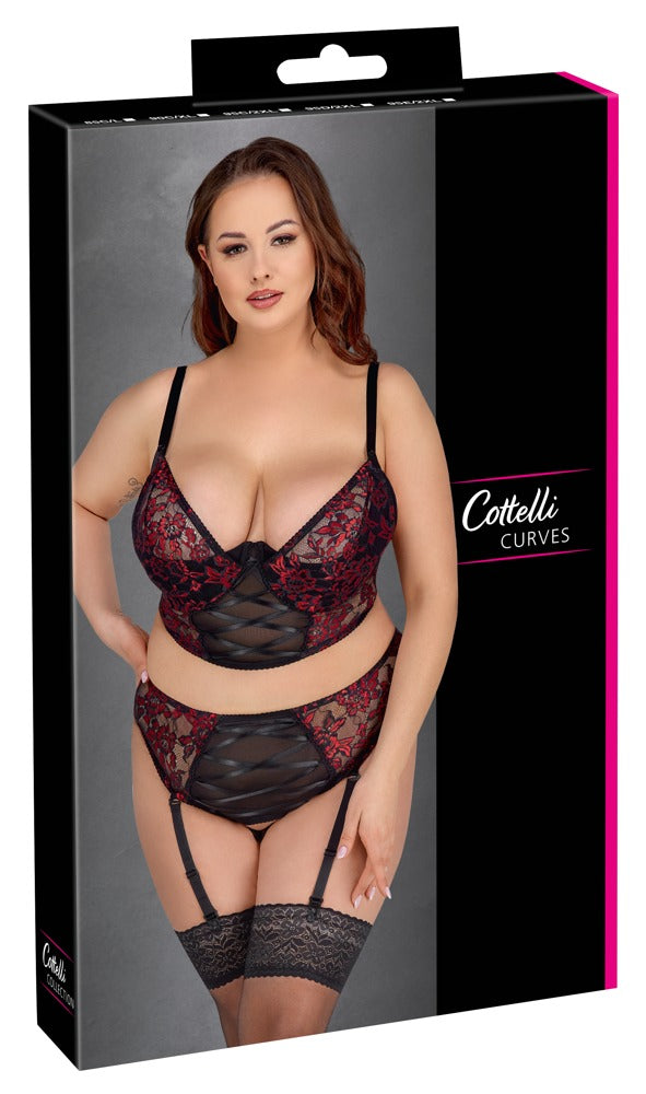 Conjunto Lencería Cottelli Curves Negro/Rojo 90C/XL - Sujetador Longline y Tanga Ligas