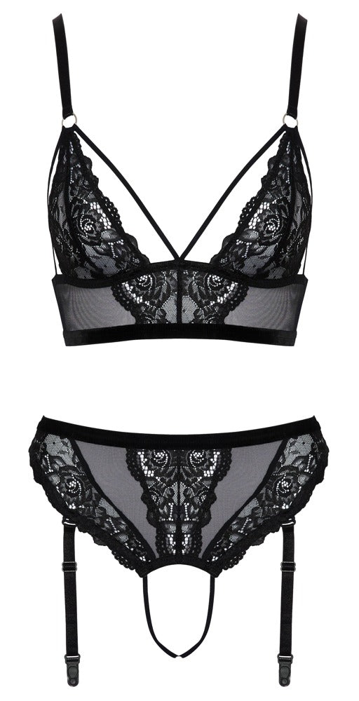 Conjunto Bra & Thong Cottelli Lingerie Negro L - Encaje y Powernet