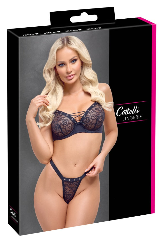 BH Set Cottelli Lingerie 75B/S Negro con Encaje y Ojales Decorativos