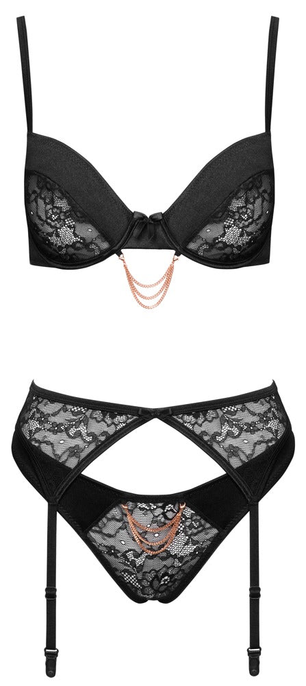 Bra Set Chain 80C/M - Conjunto Sujetador, Liguero y Tanga Cottelli