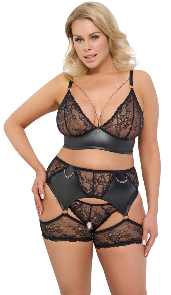 Conjunto de Liguero Cottelli Curves 3XL - Sujetador, Braguita y Liguero Negro