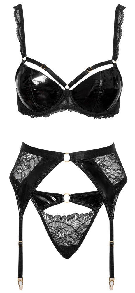 Bra Set 85B/L Cottelli Lingerie - Conjunto Liguero Negro Encaje y Vinilo