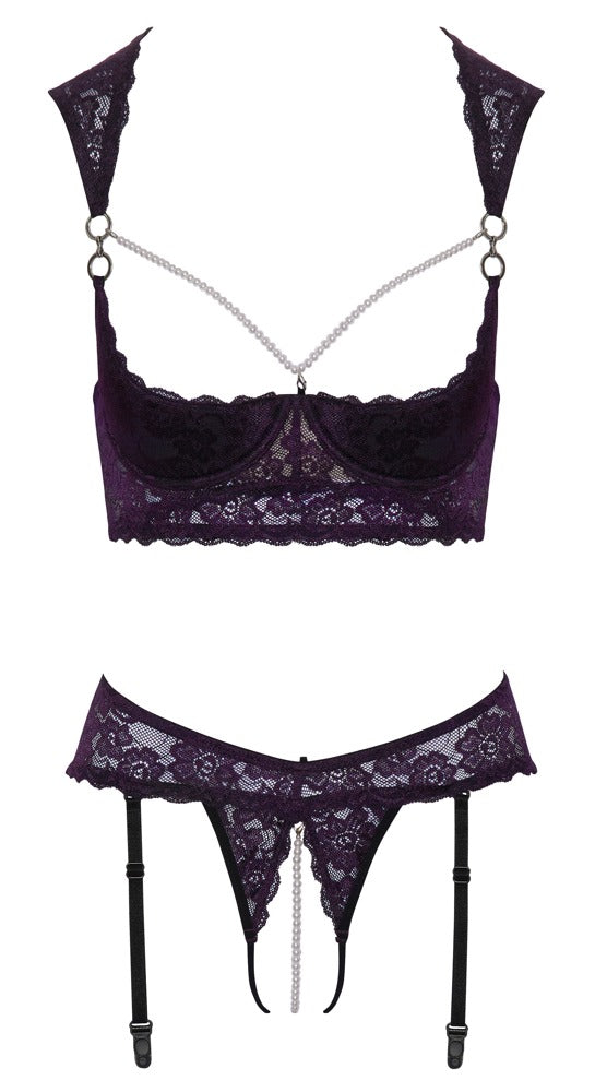 Cottelli Lingerie Shelf Bra Set Purple 80B/M - Encaje y Detalles Plateados