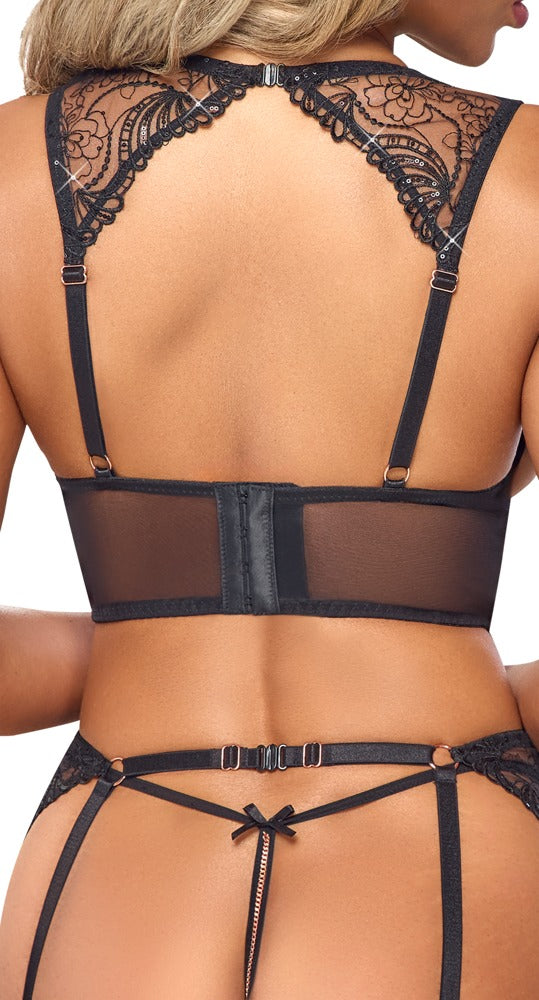 Set de Liguero Bordado XL Abierta Fina - Tul Negro con Lentejuelas