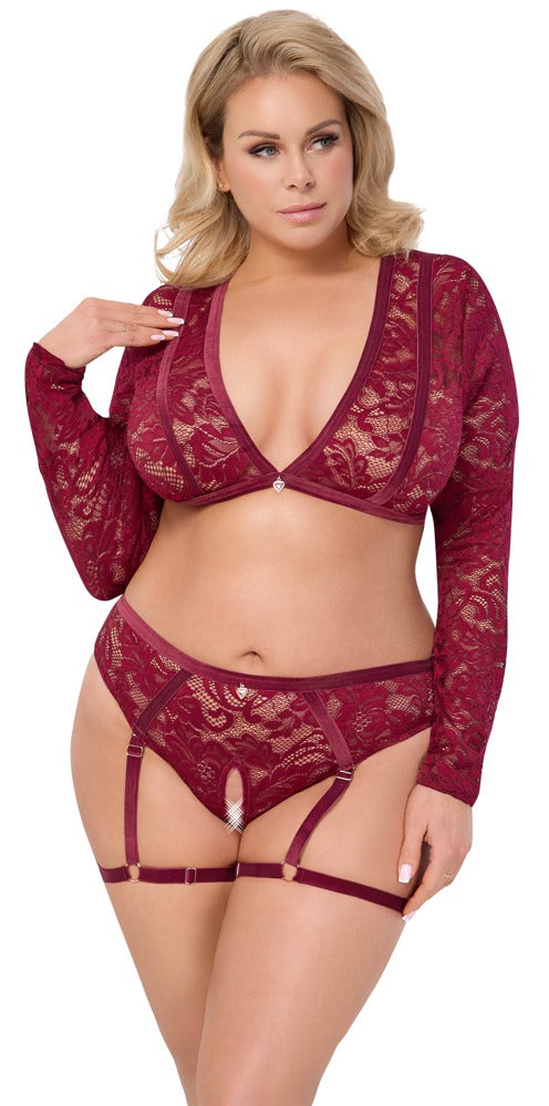Conjunto Cottelli Curves Top y Braguita Roja XL - Encaje y Terciopelo
