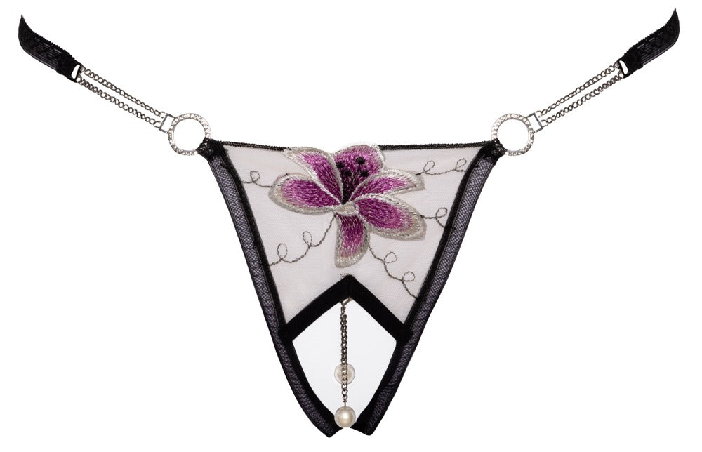 String Flower M/L - Tanga Abierta con Bordado Floral y Cadenas de Perlas