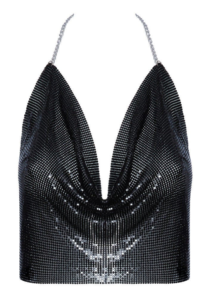 Metal Top Black Cottelli - Crop Top Lentejuelas Negras Halterneck