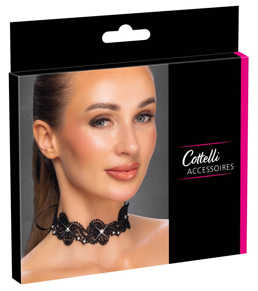 Choker Negro Cottelli Accessoires - Encaje con Perlas y Brillantes