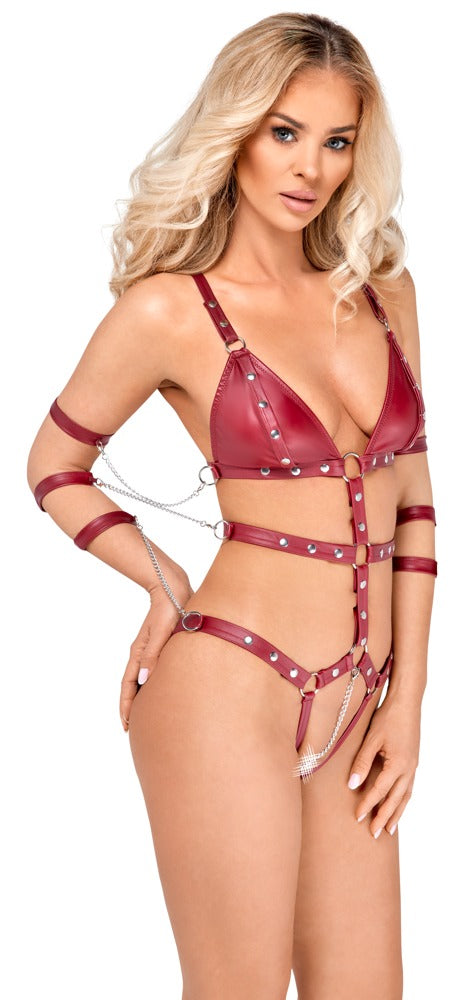 Bad Kitty Strap Body Red M - Body de Polipiel con Arnés y Cadenas