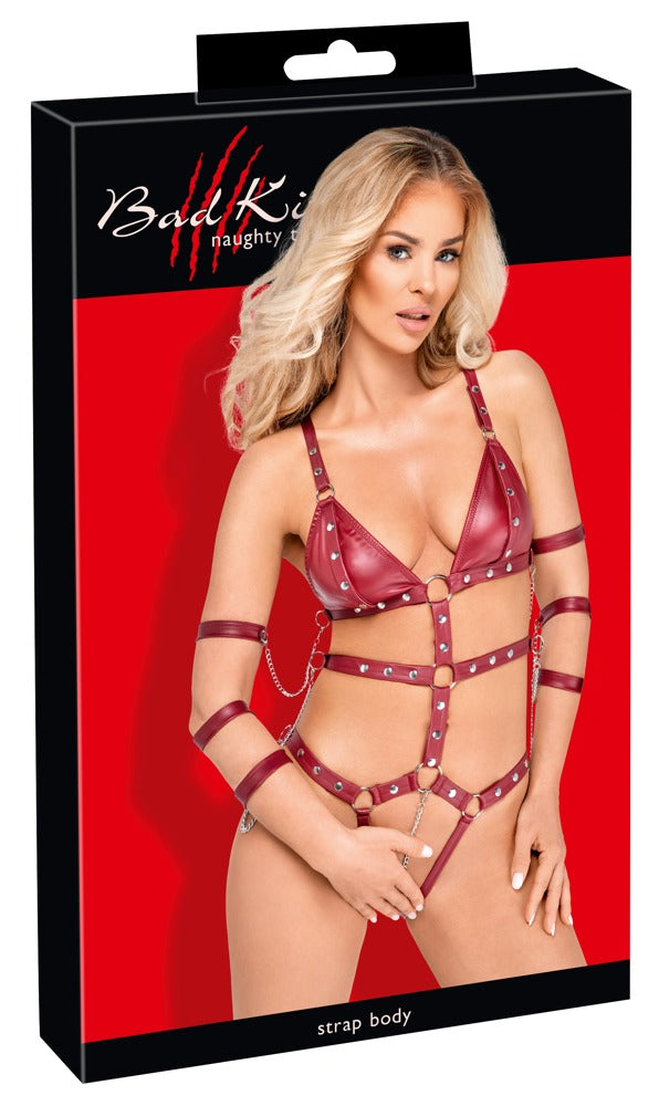 Bad Kitty Strap Body Red L - Body de Polipiel con Arnés y Cadenas