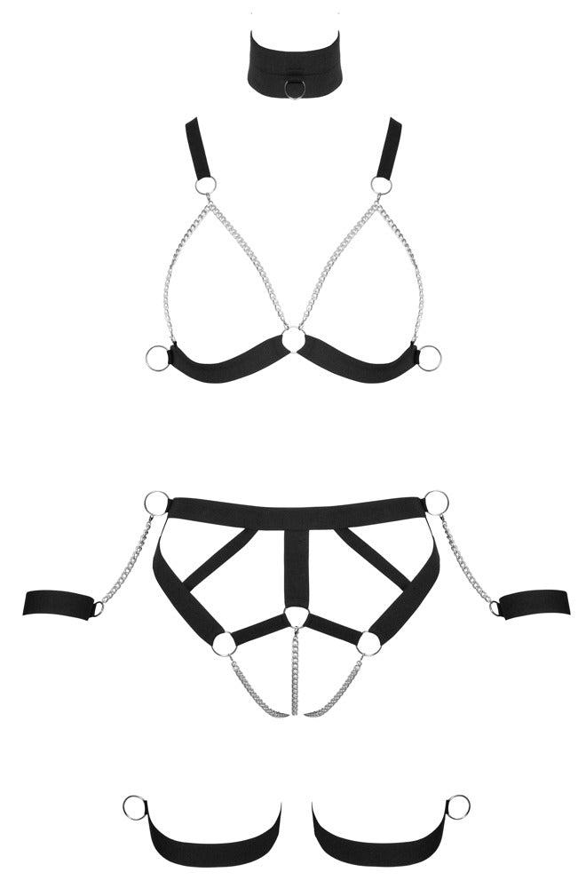 Bad Kitty Strap Bikini S - Arnés Bondage Negro con Collar y Esposas