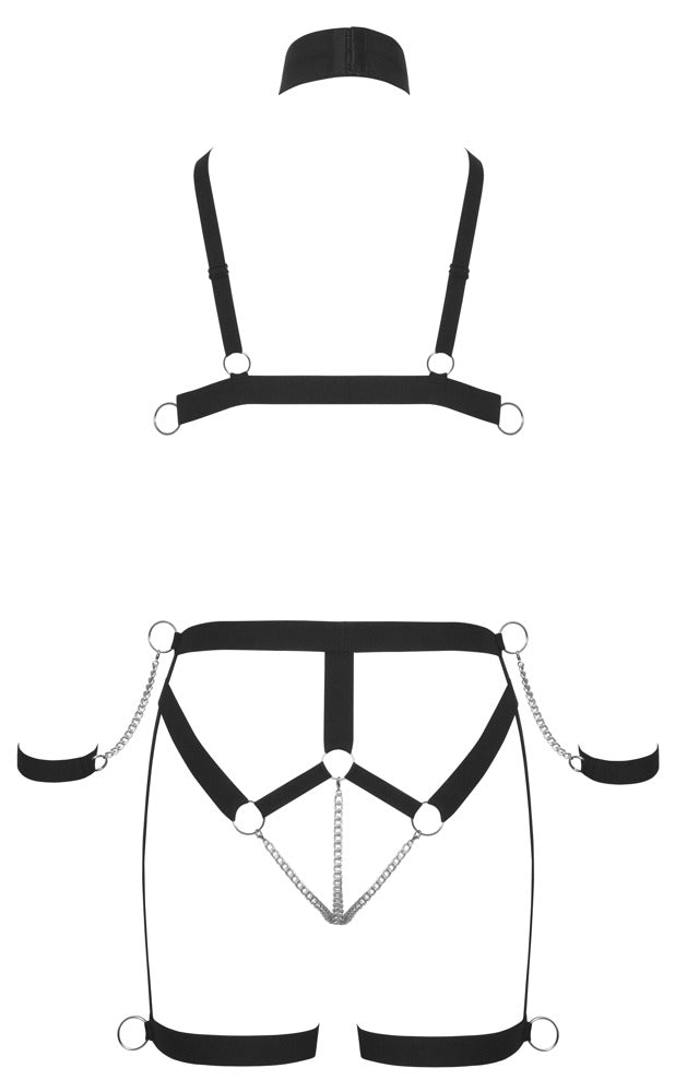 Bad Kitty Strap Bikini XL - Arnés Bondage Negro con Collar y Esposas