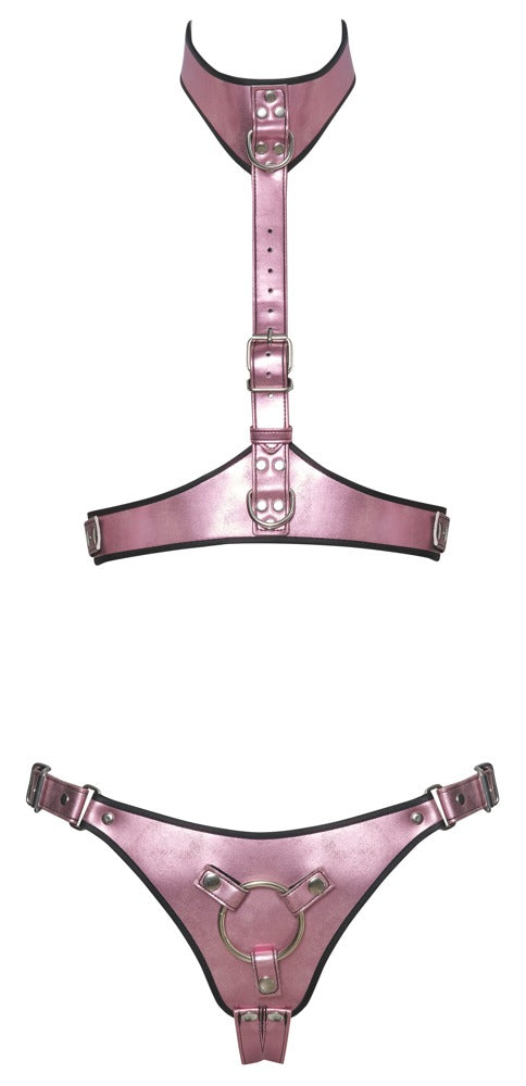 Bad Kitty StrapOn Set L/XL - Arnés Metalizado Rosa con Detalles Plateados