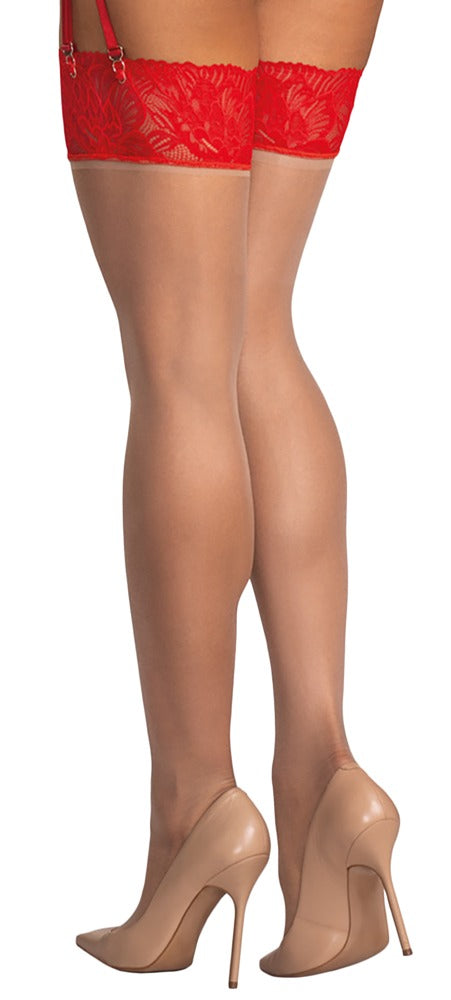 OBS Stockings 2XL/3XL - Medias de Liguero Nude con Encaje Rojo