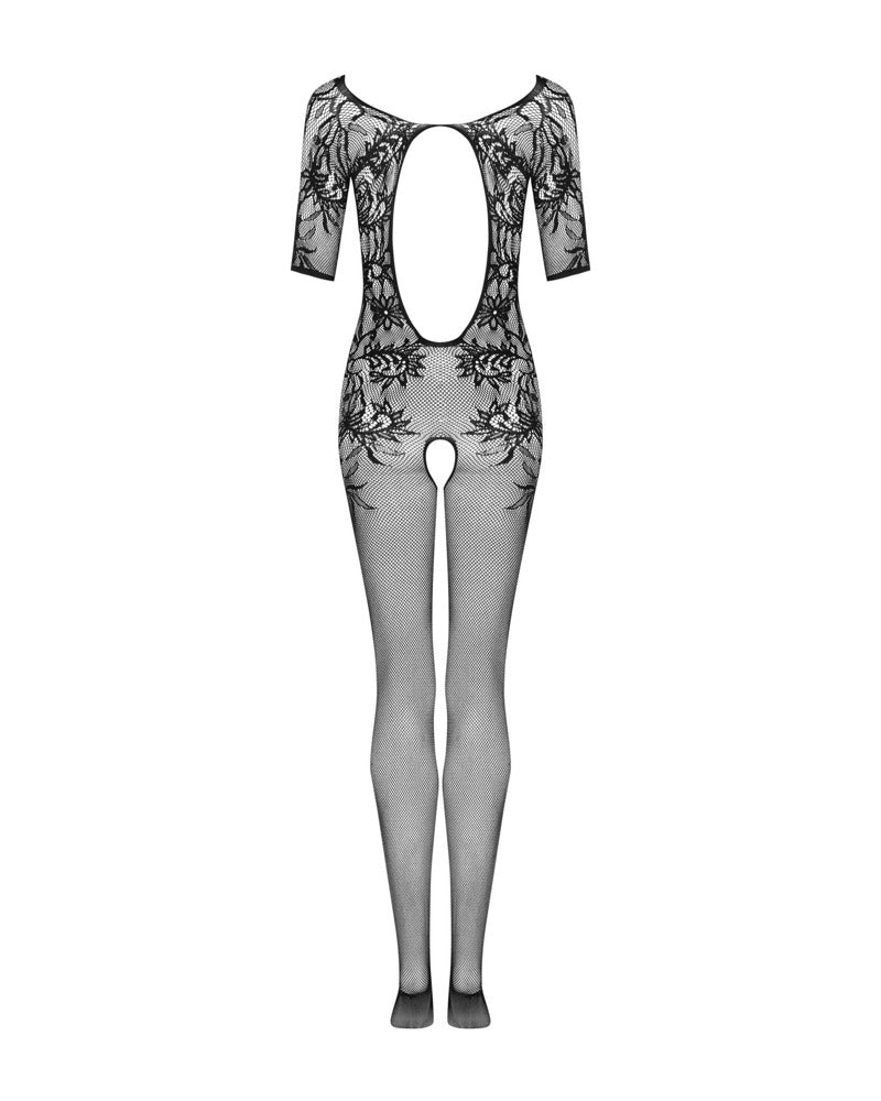 OBS Bodyst S-L - Bodystocking Floral Negro con Entrepierna Abierta