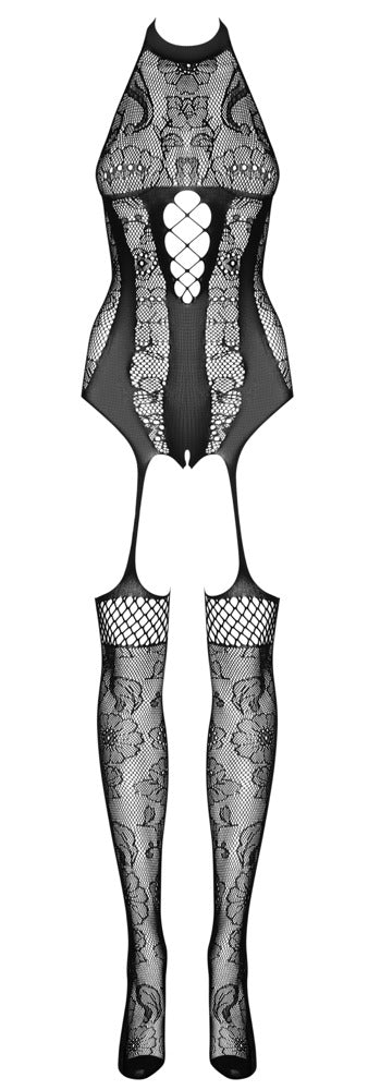 Catsuit Negro Obsessive XL/2XL - Diseño Floral con Escote Halterneck