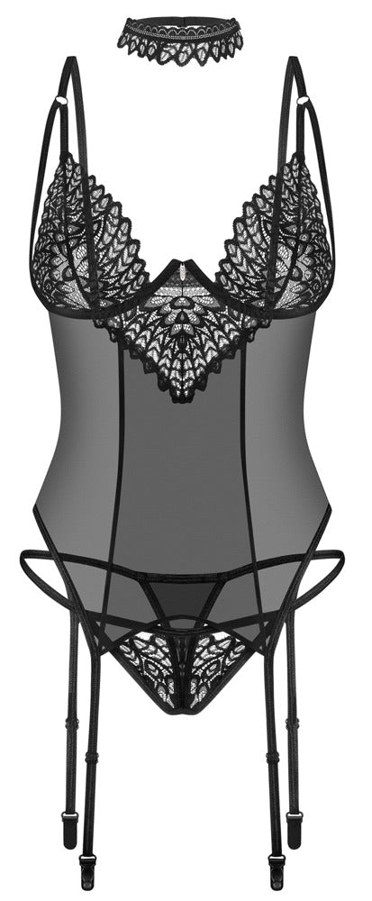 OBS Basque XS/S - Conjunto Erótico Negro con Liguero y Gargantilla