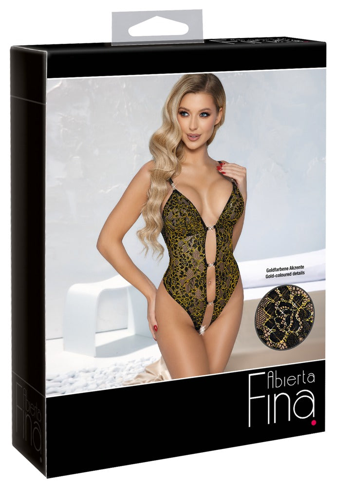 Body Gold S Abierta Fina - Encaje Floral Negro con Detalles Dorados