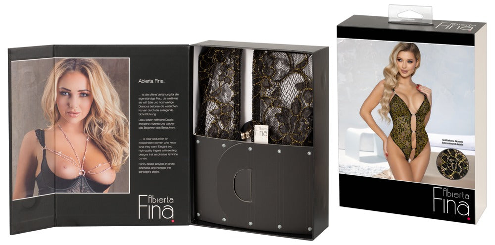 Body Gold S Abierta Fina - Encaje Floral Negro con Detalles Dorados