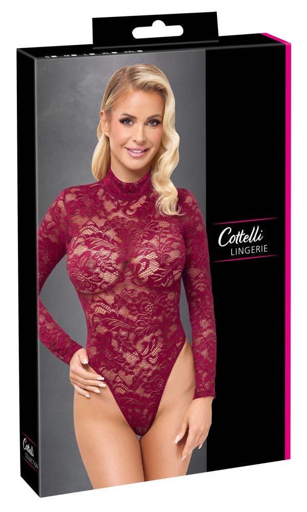 Body de Encaje Rojo S - Cottelli Lingerie Manga Larga