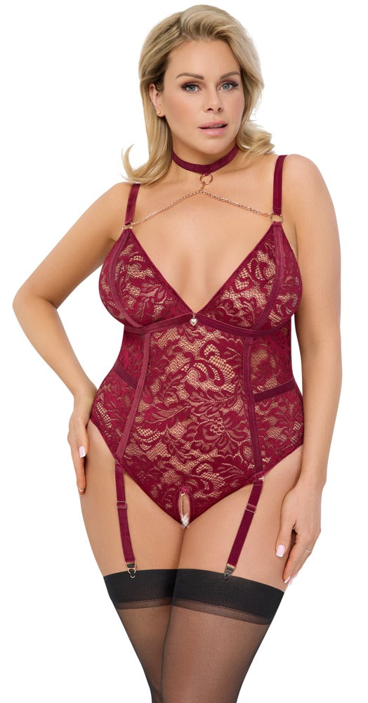 Body sin entrepierna Cottelli Curves encaje rojo XL