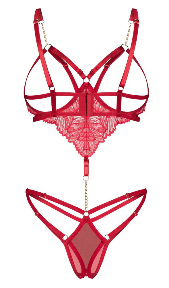 Body Rojo sin Entrepierna Obsessive - Encaje y Detalles Dorados Talla S/M