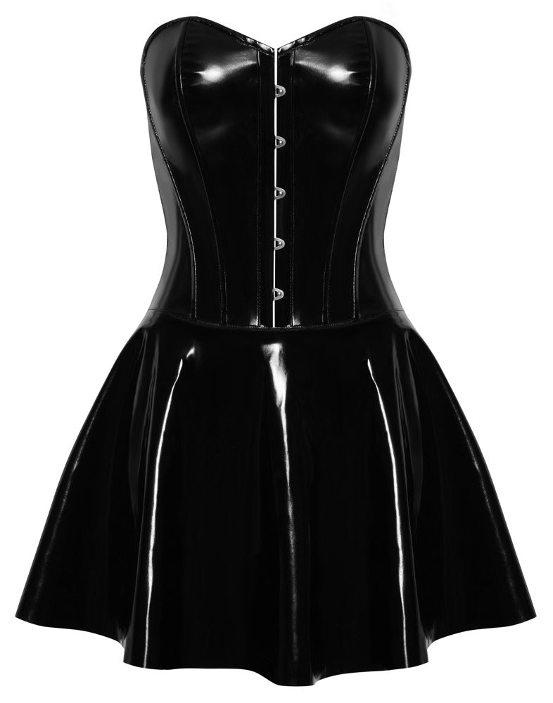 Vinyl Dress Hooks M - Minivestido Tubo Corsé Negro Brillante