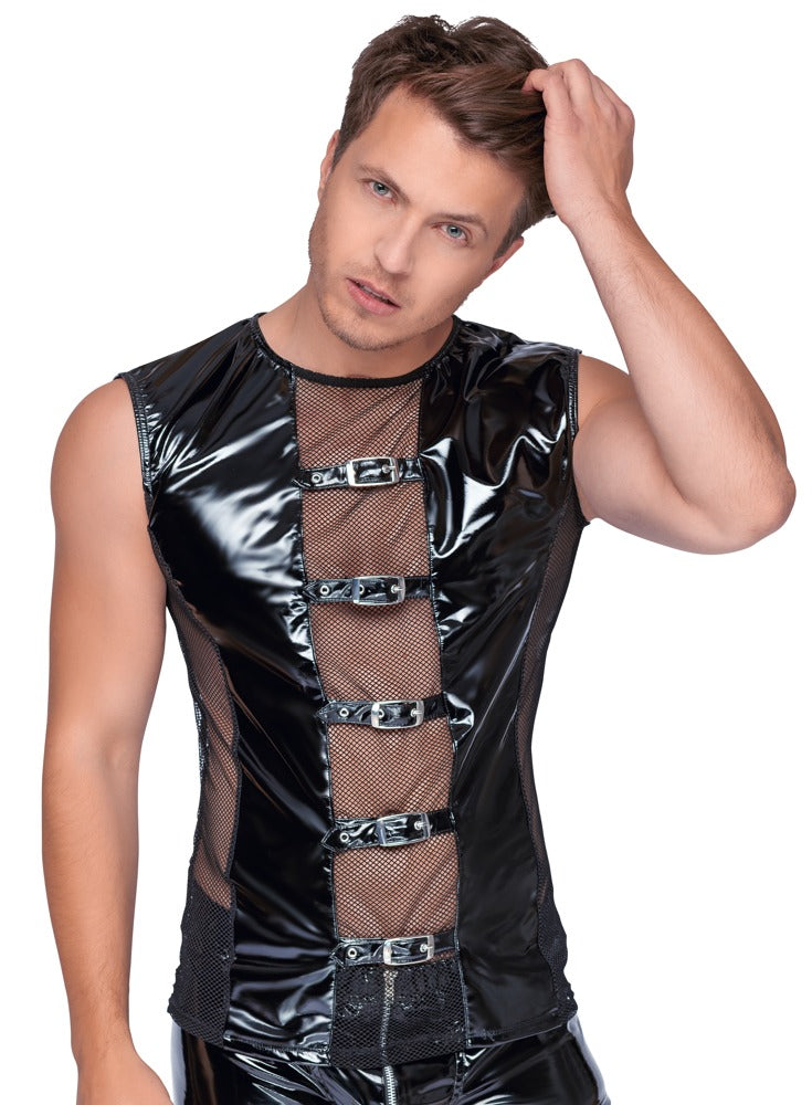 Vinyl M. Shirt S - Camisa Sin Mangas de Vinilo Negro con Correas