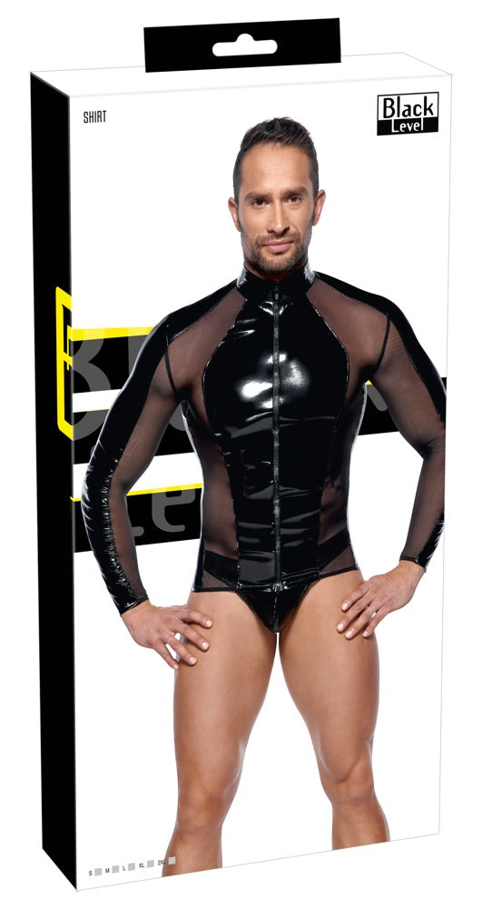 Camisa Vinilo Negro Hombre M - Black Level con Insertos de Red