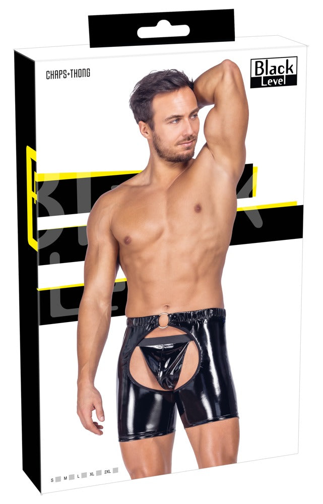 Men's Vinyl Chaps L - Polainas Negras de Vinilo con Tanga Black Level