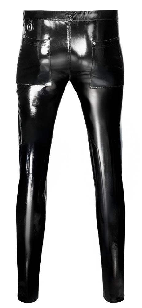 Pantalón Vinilo Negro Hombre XL - Black Level Brillante con Detalles Metálicos